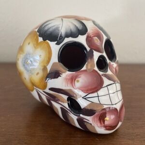 Hand Painted Ceramic Sugar Skull Day of the Dead Flowers 3" T x 4" Craneo Chico